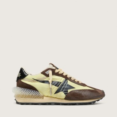 Golden Goose Marathon Sneaker In Lime-Green Nylon With Black Star And Brown Suede Inserts Golden Goose Marathon Sneaker In Lime-Green Nylon With Black Star And Brown Suede Inserts