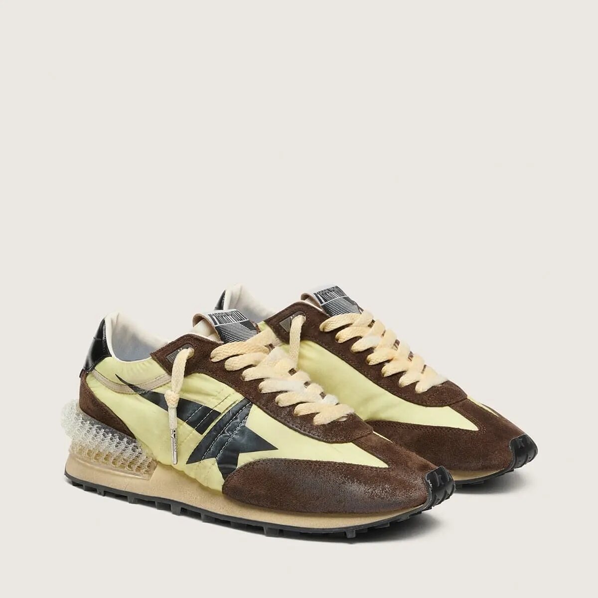 Golden Goose Marathon Sneaker In Lime-Green Nylon With Black Star And Brown Suede Inserts Golden Goose Marathon Sneaker In Lime-Green Nylon With Black Star And Brown Suede Inserts