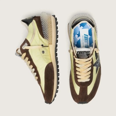 Golden Goose Marathon Sneaker In Lime-Green Nylon With Black Star And Brown Suede Inserts Golden Goose Marathon Sneaker In Lime-Green Nylon With Black Star And Brown Suede Inserts