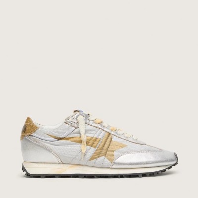 Golden Goose Marathon Sneaker With Silver Ripstop Nylon Upper And Gold Star Golden Goose Marathon Sneaker With Silver Ripstop Nylon Upper And Gold Star