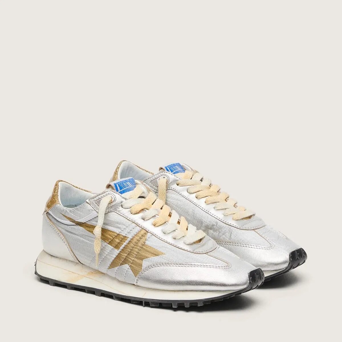 Golden Goose Marathon Sneaker With Silver Ripstop Nylon Upper And Gold Star Golden Goose Marathon Sneaker With Silver Ripstop Nylon Upper And Gold Star