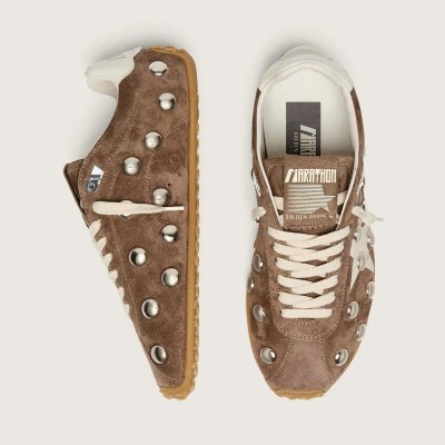 Golden Goose Marathon Speed Sneaker In Anthracite-Gray Suede With White Star And Metal Studs Golden Goose Marathon Speed Sneaker In Anthracite-Gray Suede With White Star And Metal Studs