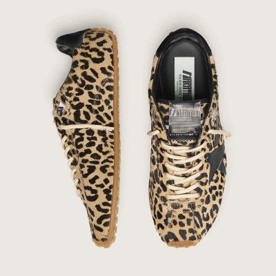 Golden Goose Marathon Speed Sneaker In Beige And Black Leopard-Print Pony Skin With Black Leather Star Golden Goose Marathon Speed Sneaker In Beige And Black Leopard-Print Pony Skin With Black Leather Star