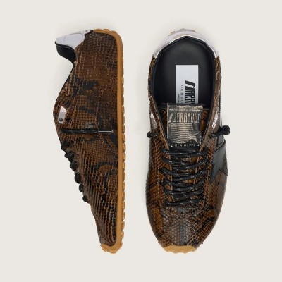 Golden Goose Marathon Speed Sneaker In Leather With Brown Snake Print, Black Star And Silver Leather Heel Tab Golden Goose Marathon Speed Sneaker In Leather With Brown Snake Print, Black Star And Silver Leather Heel Tab