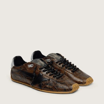 Golden Goose Marathon Speed Sneaker In Leather With Brown Snake Print, Black Star And Silver Leather Heel Tab Golden Goose Marathon Speed Sneaker In Leather With Brown Snake Print, Black Star And Silver Leather Heel Tab