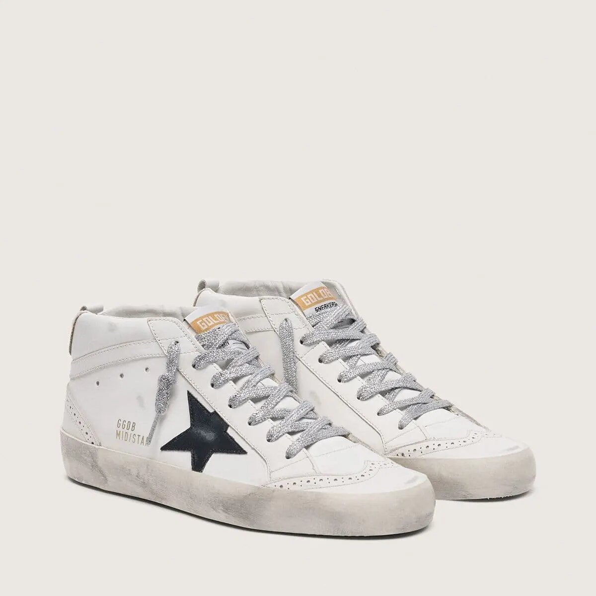 Golden Goose Mid Star Sneaker With Laminated Heel Tab And Glitter Laces Golden Goose Mid Star Sneaker With Laminated Heel Tab And Glitter Laces
