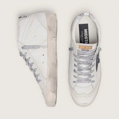 Golden Goose Mid Star Sneaker With Laminated Heel Tab And Glitter Laces Golden Goose Mid Star Sneaker With Laminated Heel Tab And Glitter Laces