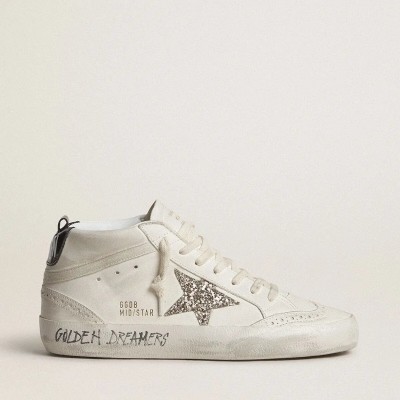 Golden Goose Mid Star Sneaker With Silver Glitter Star And Black Laminated Heel Tab Golden Goose Mid Star Sneaker With Silver Glitter Star And Black Laminated Heel Tab