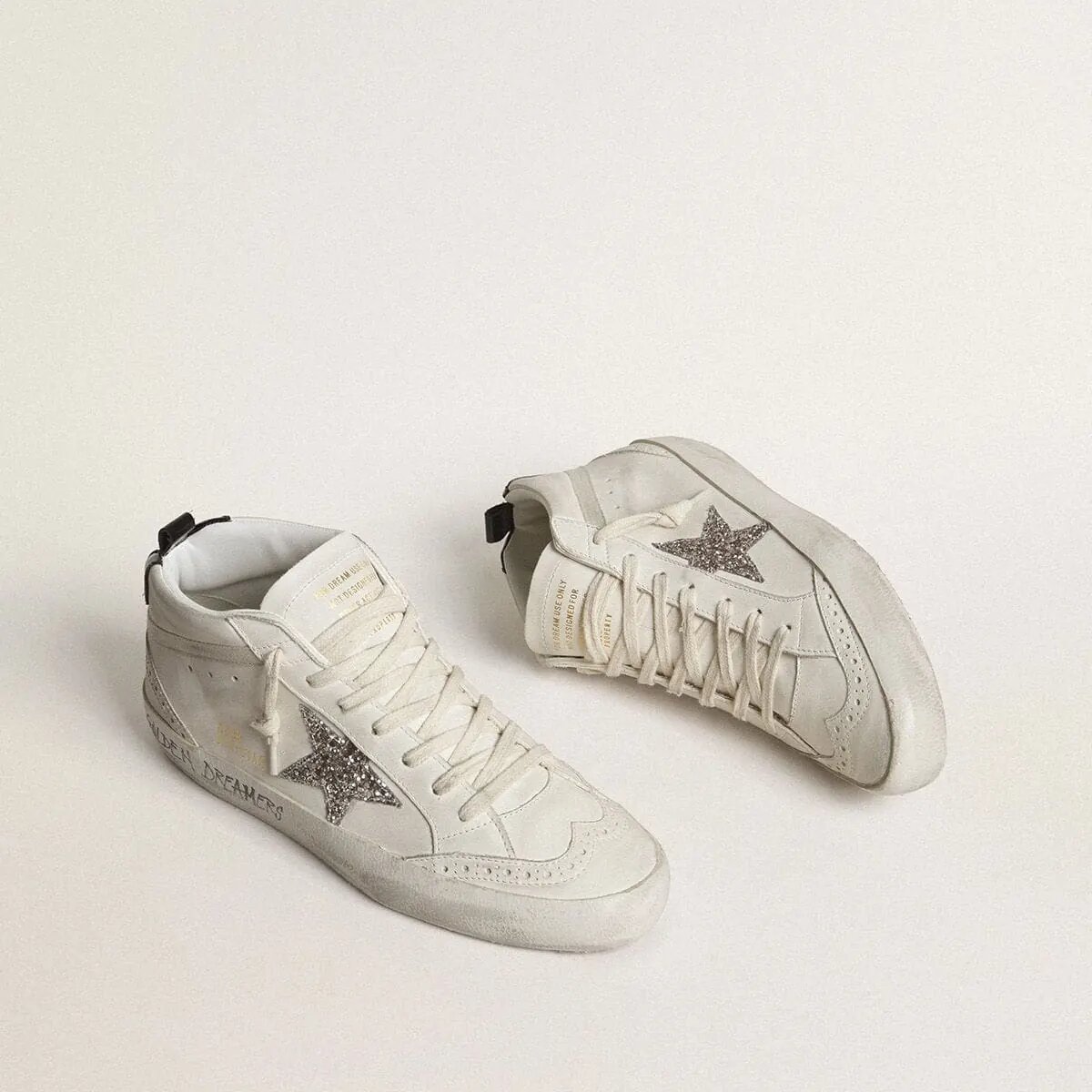 Golden Goose Mid Star Sneaker With Silver Glitter Star And Black Laminated Heel Tab Golden Goose Mid Star Sneaker With Silver Glitter Star And Black Laminated Heel Tab