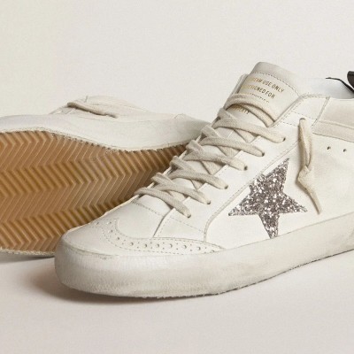 Golden Goose Mid Star Sneaker With Silver Glitter Star And Black Laminated Heel Tab Golden Goose Mid Star Sneaker With Silver Glitter Star And Black Laminated Heel Tab
