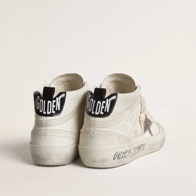 Golden Goose Mid Star Sneaker With Silver Glitter Star And Black Laminated Heel Tab Golden Goose Mid Star Sneaker With Silver Glitter Star And Black Laminated Heel Tab
