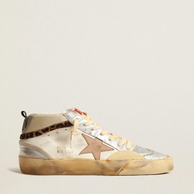 Golden Goose Mid Star Sneaker With Silver Metallic Leather Inserts And Pink Star Golden Goose Mid Star Sneaker With Silver Metallic Leather Inserts And Pink Star