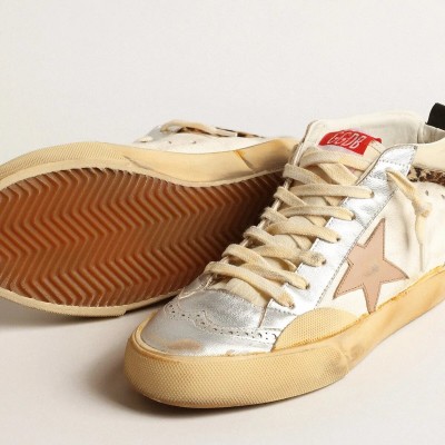 Golden Goose Mid Star Sneaker With Silver Metallic Leather Inserts And Pink Star Golden Goose Mid Star Sneaker With Silver Metallic Leather Inserts And Pink Star
