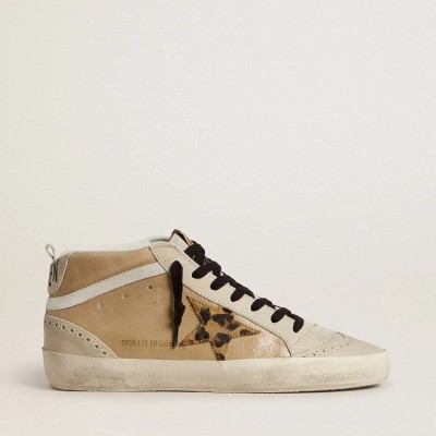 Golden Goose Mid Star Sneaker In Beige Naplak Leather With Leopard-Print Pony Skin Star Golden Goose Mid Star Sneaker In Beige Naplak Leather With Leopard-Print Pony Skin Star