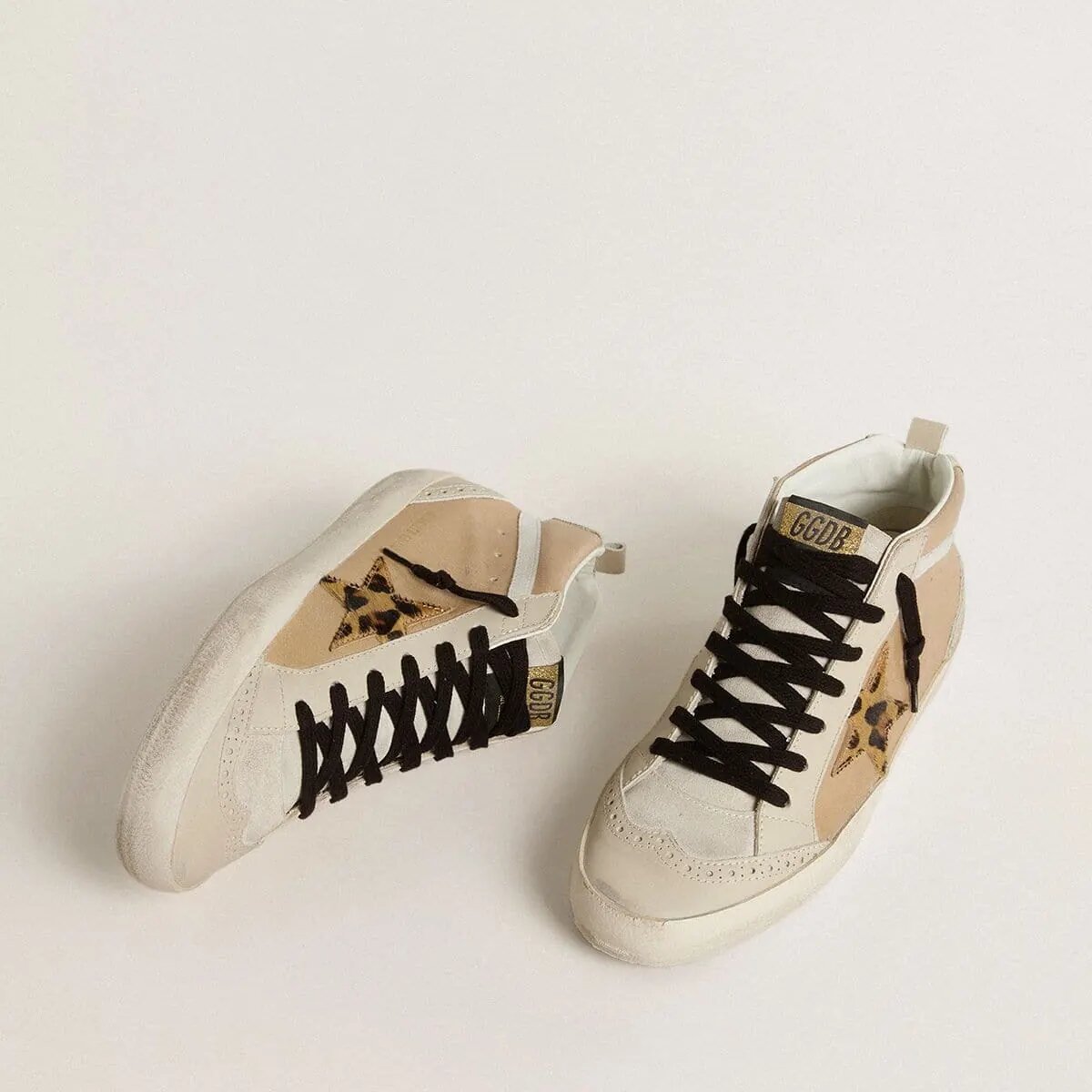 Golden Goose Mid Star Sneaker In Beige Naplak Leather With Leopard-Print Pony Skin Star Golden Goose Mid Star Sneaker In Beige Naplak Leather With Leopard-Print Pony Skin Star