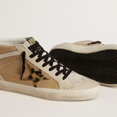 Golden Goose Mid Star Sneaker In Beige Naplak Leather With Leopard-Print Pony Skin Star Golden Goose Mid Star Sneaker In Beige Naplak Leather With Leopard-Print Pony Skin Star