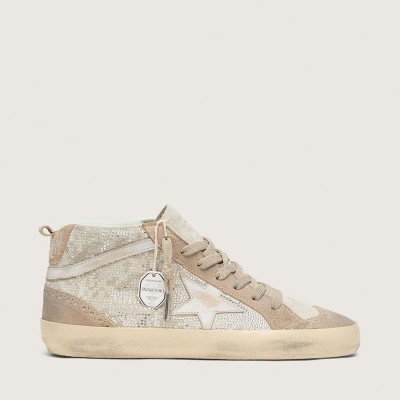 Golden Goose Mid Star Sneaker In Beige Suede With Silver Swarovski And White Leather Star Golden Goose Mid Star Sneaker In Beige Suede With Silver Swarovski And White Leather Star