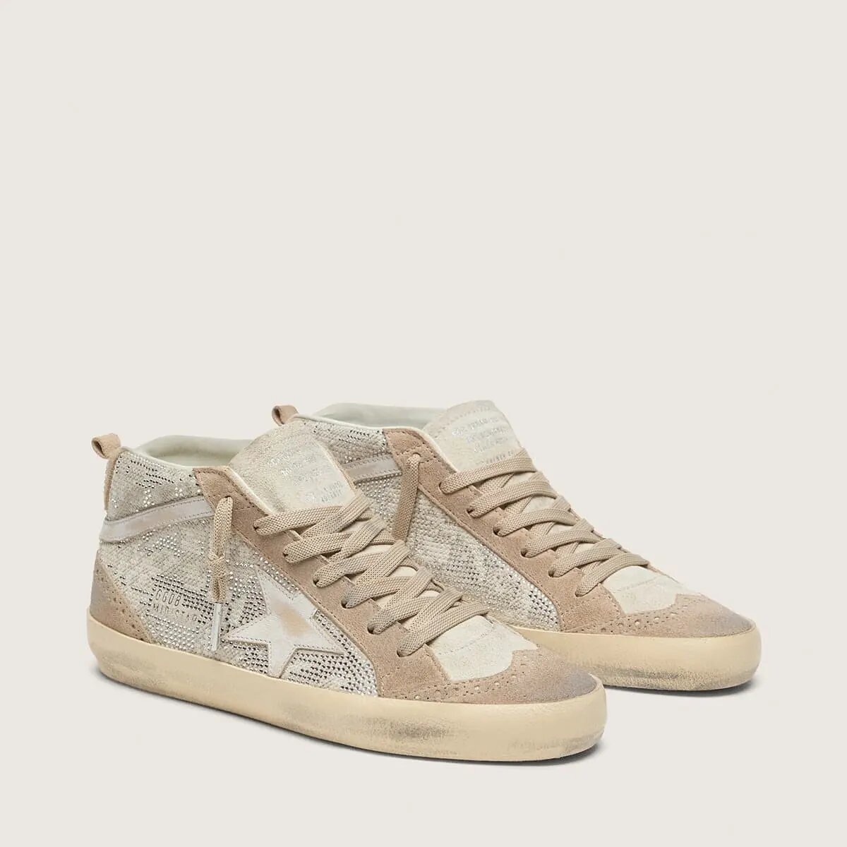 Golden Goose Mid Star Sneaker In Beige Suede With Silver Swarovski And White Leather Star Golden Goose Mid Star Sneaker In Beige Suede With Silver Swarovski And White Leather Star