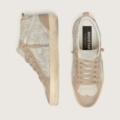 Golden Goose Mid Star Sneaker In Beige Suede With Silver Swarovski And White Leather Star Golden Goose Mid Star Sneaker In Beige Suede With Silver Swarovski And White Leather Star