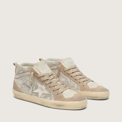 Golden Goose Mid Star Sneaker In Beige Suede With Silver Swarovski And White Leather Star