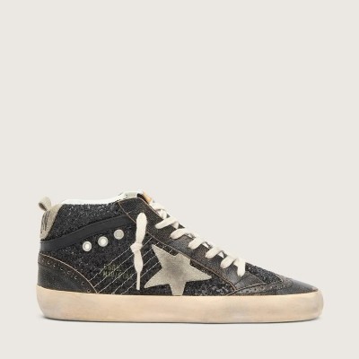 Golden Goose Mid Star Sneaker In Black Glitter With Dove-Gray Suede Star And Heel Tab Golden Goose Mid Star Sneaker In Black Glitter With Dove-Gray Suede Star And Heel Tab