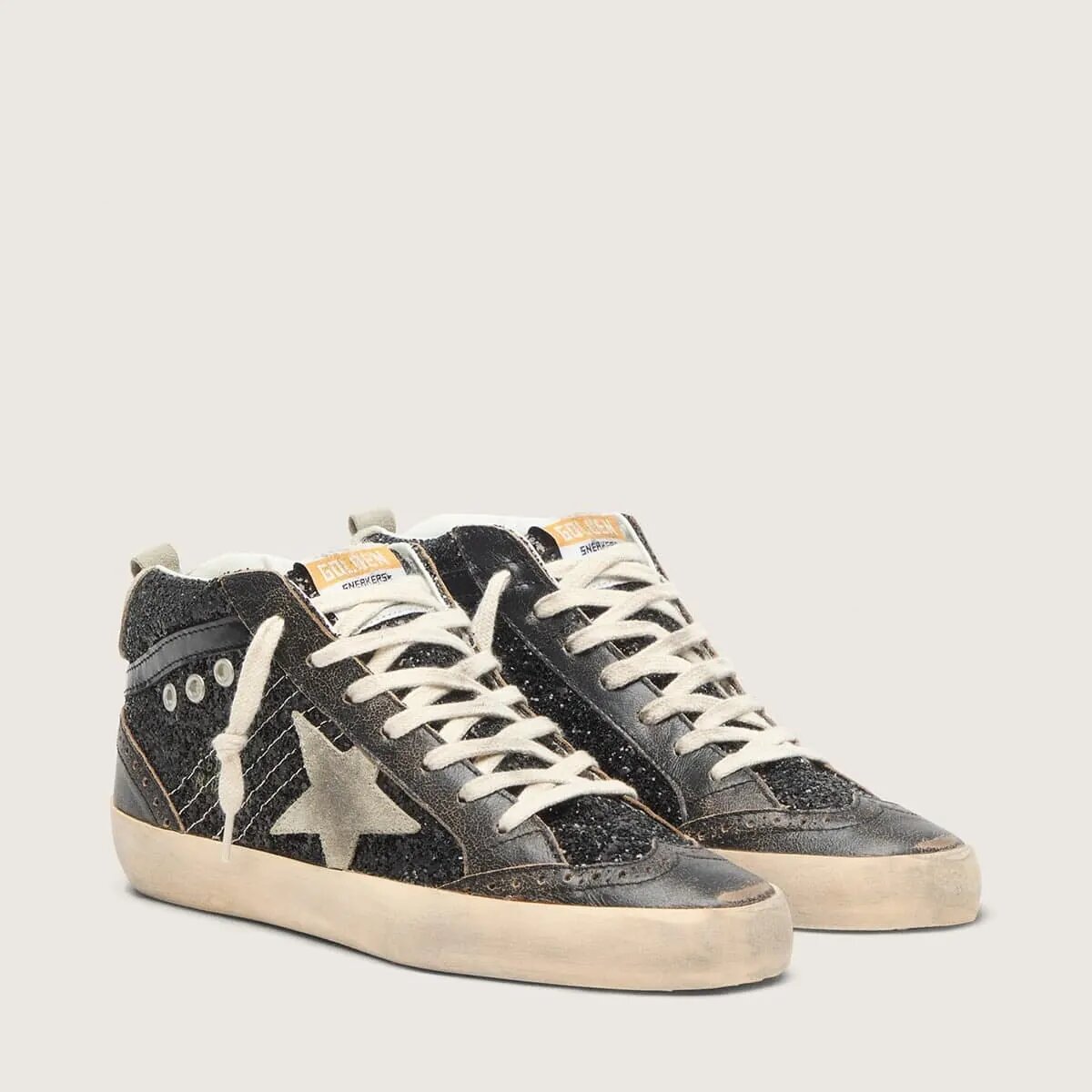 Golden Goose Mid Star Sneaker In Black Glitter With Dove-Gray Suede Star And Heel Tab Golden Goose Mid Star Sneaker In Black Glitter With Dove-Gray Suede Star And Heel Tab