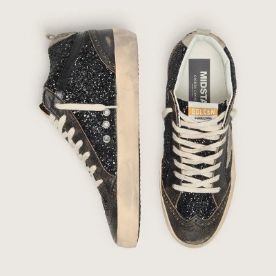 Golden Goose Mid Star Sneaker In Black Glitter With Dove-Gray Suede Star And Heel Tab Golden Goose Mid Star Sneaker In Black Glitter With Dove-Gray Suede Star And Heel Tab