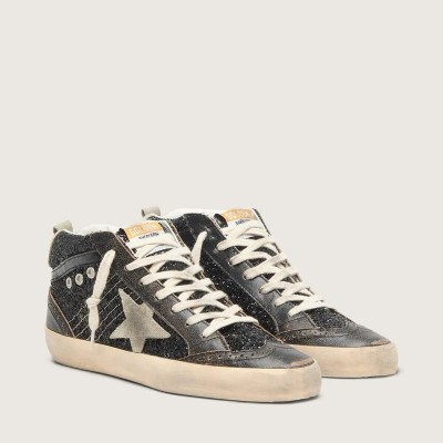 Golden Goose Mid Star Sneaker In Black Glitter With Dove-Gray Suede Star And Heel Tab