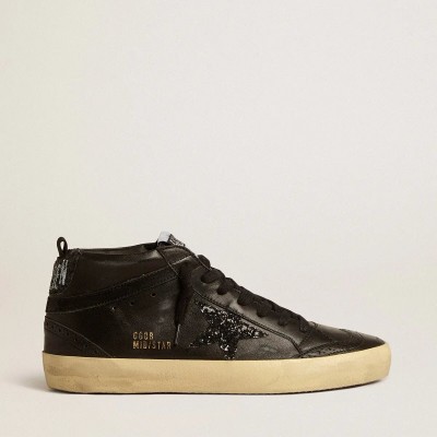 Golden Goose Mid Star Sneaker In Black Nappa With Black Glitter Star And Suede Flash Golden Goose Mid Star Sneaker In Black Nappa With Black Glitter Star And Suede Flash