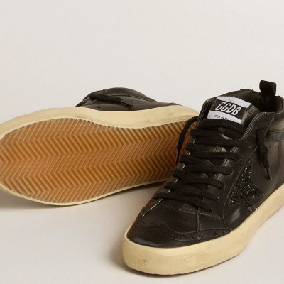 Golden Goose Mid Star Sneaker In Black Nappa With Black Glitter Star And Suede Flash Golden Goose Mid Star Sneaker In Black Nappa With Black Glitter Star And Suede Flash
