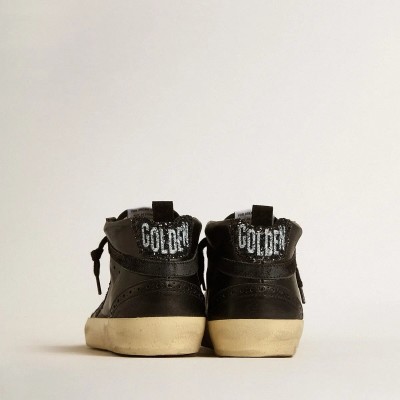 Golden Goose Mid Star Sneaker In Black Nappa With Black Glitter Star And Suede Flash Golden Goose Mid Star Sneaker In Black Nappa With Black Glitter Star And Suede Flash