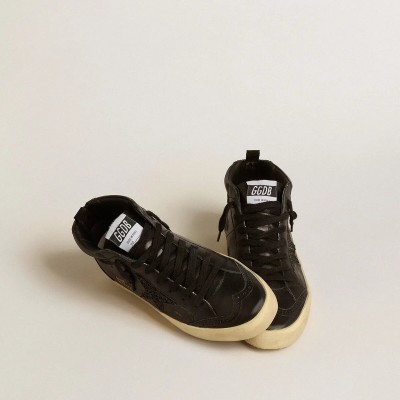 Golden Goose Mid Star Sneaker In Black Nappa With Black Glitter Star And Suede Flash