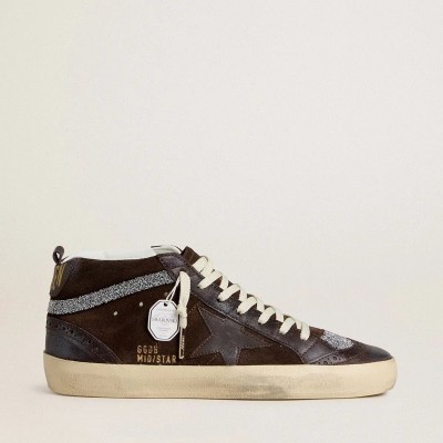 Golden Goose Mid Star Sneaker In Brown Suede With Leather Star And Swarovski Crystal Flash Golden Goose Mid Star Sneaker In Brown Suede With Leather Star And Swarovski Crystal Flash