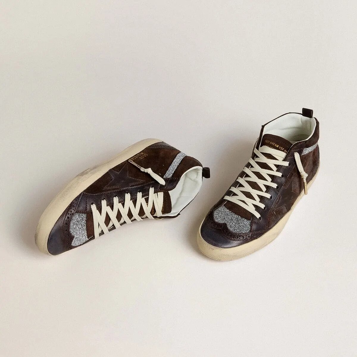 Golden Goose Mid Star Sneaker In Brown Suede With Leather Star And Swarovski Crystal Flash Golden Goose Mid Star Sneaker In Brown Suede With Leather Star And Swarovski Crystal Flash