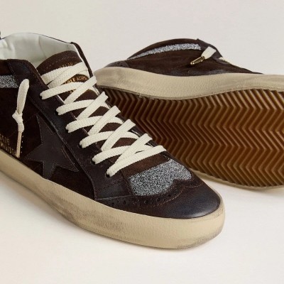 Golden Goose Mid Star Sneaker In Brown Suede With Leather Star And Swarovski Crystal Flash Golden Goose Mid Star Sneaker In Brown Suede With Leather Star And Swarovski Crystal Flash