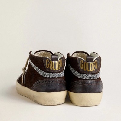 Golden Goose Mid Star Sneaker In Brown Suede With Leather Star And Swarovski Crystal Flash Golden Goose Mid Star Sneaker In Brown Suede With Leather Star And Swarovski Crystal Flash