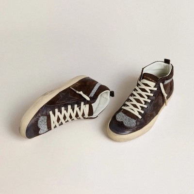 Golden Goose Mid Star Sneaker In Brown Suede With Leather Star And Swarovski Crystal Flash