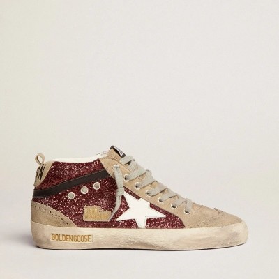 Golden Goose Mid Star Sneaker In Burgundy Glitter With Gray Inserts And White Star Golden Goose Mid Star Sneaker In Burgundy Glitter With Gray Inserts And White Star