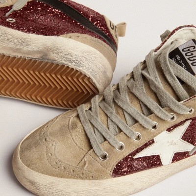 Golden Goose Mid Star Sneaker In Burgundy Glitter With Gray Inserts And White Star Golden Goose Mid Star Sneaker In Burgundy Glitter With Gray Inserts And White Star