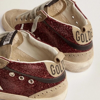 Golden Goose Mid Star Sneaker In Burgundy Glitter With Gray Inserts And White Star Golden Goose Mid Star Sneaker In Burgundy Glitter With Gray Inserts And White Star
