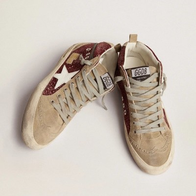 Golden Goose Mid Star Sneaker In Burgundy Glitter With Gray Inserts And White Star