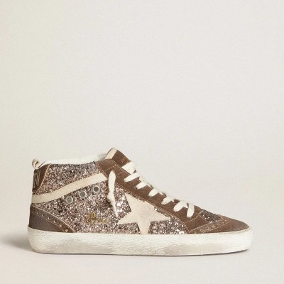 Golden Goose Mid Star Sneaker In Glitter With Pearl Suede Star And Brown Suede Inserts Golden Goose Mid Star Sneaker In Glitter With Pearl Suede Star And Brown Suede Inserts