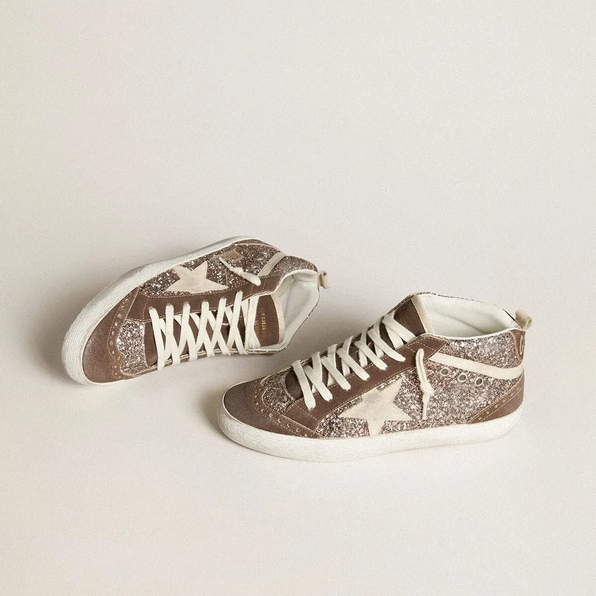 Golden Goose Mid Star Sneaker In Glitter With Pearl Suede Star And Brown Suede Inserts Golden Goose Mid Star Sneaker In Glitter With Pearl Suede Star And Brown Suede Inserts
