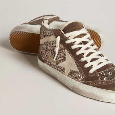 Golden Goose Mid Star Sneaker In Glitter With Pearl Suede Star And Brown Suede Inserts Golden Goose Mid Star Sneaker In Glitter With Pearl Suede Star And Brown Suede Inserts