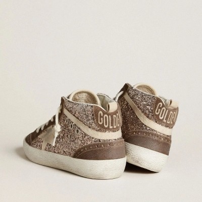 Golden Goose Mid Star Sneaker In Glitter With Pearl Suede Star And Brown Suede Inserts Golden Goose Mid Star Sneaker In Glitter With Pearl Suede Star And Brown Suede Inserts