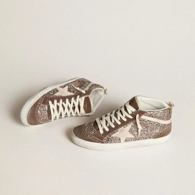 Golden Goose Mid Star Sneaker In Glitter With Pearl Suede Star And Brown Suede Inserts