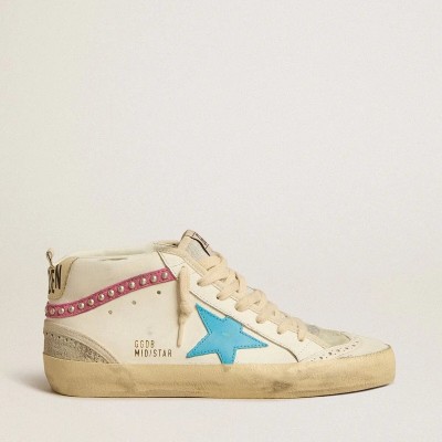 Golden Goose Mid Star Sneaker In Leather With Light Blue Star And Fuchsia Suede Flash With Platinum Studs Golden Goose Mid Star Sneaker In Leather With Light Blue Star And Fuchsia Suede Flash With Platinum Studs