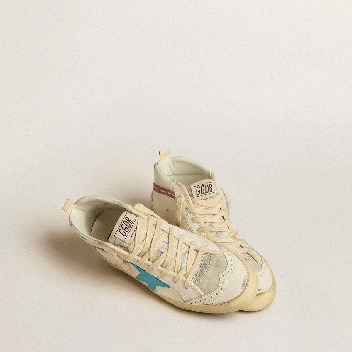 Golden Goose Mid Star Sneaker In Leather With Light Blue Star And Fuchsia Suede Flash With Platinum Studs Golden Goose Mid Star Sneaker In Leather With Light Blue Star And Fuchsia Suede Flash With Platinum Studs