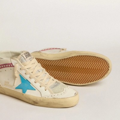 Golden Goose Mid Star Sneaker In Leather With Light Blue Star And Fuchsia Suede Flash With Platinum Studs Golden Goose Mid Star Sneaker In Leather With Light Blue Star And Fuchsia Suede Flash With Platinum Studs