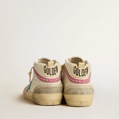 Golden Goose Mid Star Sneaker In Leather With Light Blue Star And Fuchsia Suede Flash With Platinum Studs Golden Goose Mid Star Sneaker In Leather With Light Blue Star And Fuchsia Suede Flash With Platinum Studs